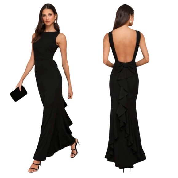 LULUS Exquisite Refinement Black Backless Bow Ruffled Maxi Dress Size XS  Formal - mordernwear.com